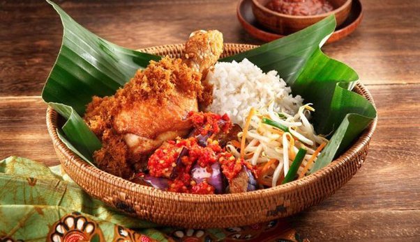 Spicy Indonesian food served in a banana leaf bowl